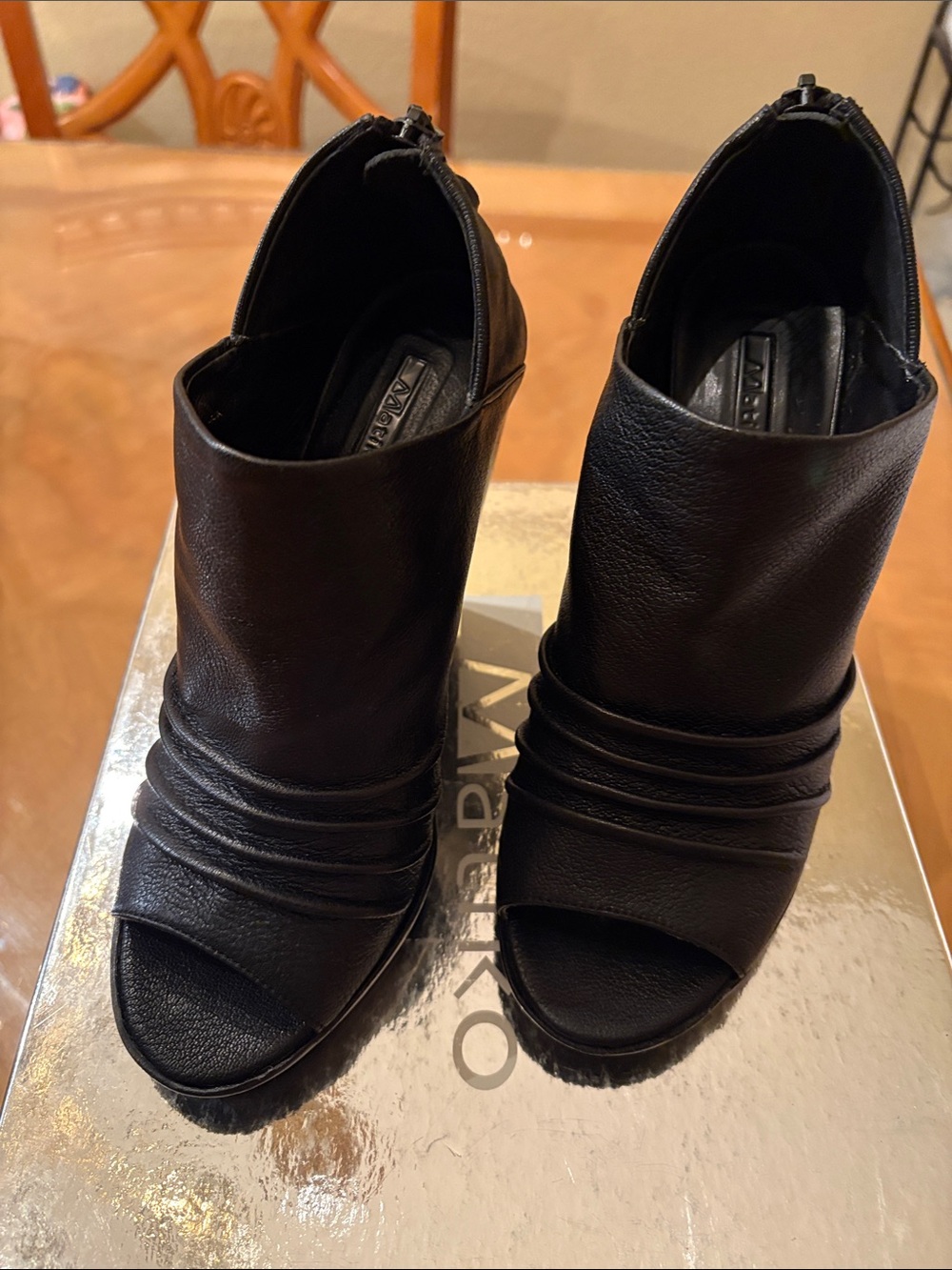 Matiko Black Leather Peep-Toe Mules with Ruched Vamp